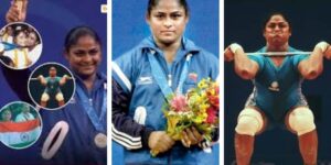 Karnam Malleswari, India's first female Olympic medalist, lifting weights during a competition, showcasing determination and strength.