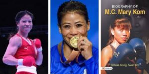 Mary Kom, Indian boxing champion, raising her fists in victory inside a boxing ring, symbolizing her determination and triumph in women's boxing