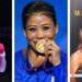 Mary Kom, Indian boxing champion, raising her fists in victory inside a boxing ring, symbolizing her determination and triumph in women's boxing