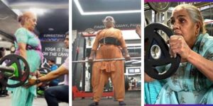 A 70-year-old woman, Roshni Devi Sangwan, lifting weights in a gym while wearing a traditional salwar kameez, showcasing her strength and determination